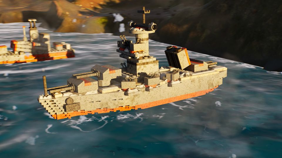 A brick warship vanishing in an orange fireball at sea.