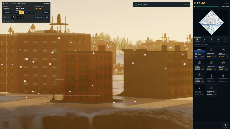 The Tower Defense interface over brick apartment blocks in falling snow.